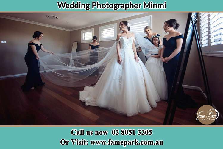 Photo of the Bride with her bridesmaids and flower girl checking her wedding gown Minmi NSW 2287